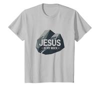 Jésus est Mon Rocher : Graphique chrétien inspirant, Jésus T-Shirt, Enfant, Argent, 4 Ans