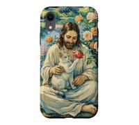 Jésus et Chaton avec Rose Rouge Art impressionniste chrétien Coque pour iPhone XR