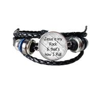 Jesus is my rock, this is how I roll the Leather Bracelet Faith Christian Inspitional Glass Cabochon Leather Bracelet Jewelry, 20 mm, Verre