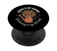 Jesus is My Savior Gardening is My Therapy Église PopSockets PopGrip Adhésif