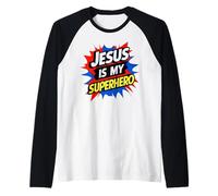 Jesus is My Superhero Christian God Religious Comic Kids Boy Manche Raglan