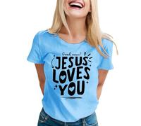 Jesus Loves You Christian Believer Faith God T-shirt religieux à manches courtes pour femme T-shirt graphique mignon en coton essentiel pour les vacances, bleu clair, L
