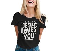 Jesus Loves You Christian Believer Faith God T-shirt religieux à manches courtes pour femme T-shirt graphique mignon en coton essentiel pour les vacances, Noir , L