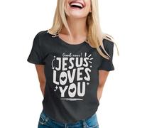 Jesus Loves You Christian Believer Faith God T-shirt religieux à manches courtes pour femme T-shirt graphique mignon en coton essentiel pour les vacances, gris foncé, L