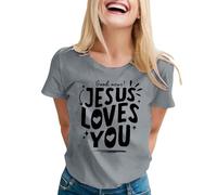 Jesus Loves You Christian Believer Faith God T-shirt religieux à manches courtes pour femme T-shirt graphique mignon en coton essentiel pour les vacances, gris, L