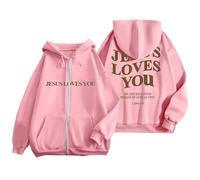 Jesus Loves You Sweats à capuche chrétiens pour femme confortables doublés en polaire 2025 avec cordon de serrage et fermeture éclair - Esthétique - Joli avec motifs tendance et fins, rose, S