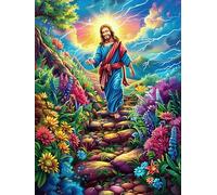 Jésus Marchant dans Le Jardin Fleuri 1000 Pieces Casse-tête Personne Âgée en Carton Épais Haute Densité Facile Débutant Thérapie Occupationnelle Anti-Stress Petit Prix 1000 PCS