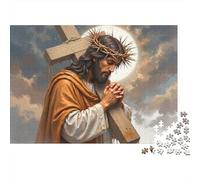Jésus Portant la Croix 1000 pièces Puzzle Difficile pour Adultes Jésus Tenant Une Croix prière scène Sainte Premium Robuste Haute qualité Vibrant soulagement du Stress Jeu 38x26cm/1000pcs