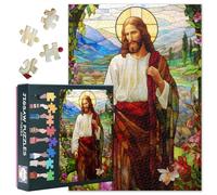 Jésus Puzzles pour Adultes 1000 pièces Jésus-Christ avec Fleurs Vitrail Église Fenêtre Puzzles pour Adultes Décoration de la Maison Puzzle Thème Religieux Difficile Famille Soirée de Jeu 70 cm x 50 cm