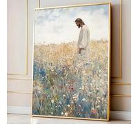 Jésus quitte le 99, affiche d'art rétro, champ de fleurs sauvages chrétiennes, peinture vintage, impression sur toile, décoration rustique pour maison de ferme (30 x 50 cm/enveloppement sur toile)