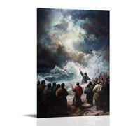 Jesus Rebuking The Storm with A Hand Leved, Thunder Halting Mid-Sky As Waves Fall still Around The Awestruck Disciples. Décoration murale contemporaine - Poster décoratif à suspendre 60 x 90 cm