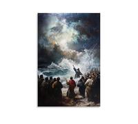 Jesus Rebuking The Storm with A Hand Leved, Thunder Halting Mid-Sky As Waves Fall still Around The Awestruck Disciples. Décoration murale contemporaine - Poster décoratif à suspendre 20 x 30 cm