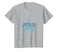 Jésus Sauve : Message inspirant de Foi chrétienne T-Shirt, Enfant, Gris Chiné, 4 Ans