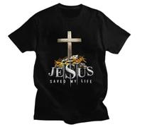 Jesus Saved My Life Tshirts for Men Short Sleeved Summer T Shirt Cool Christ God Fitted Pure Cotton Tees
