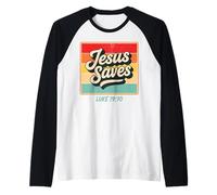 Jesus Saves Luke 19:10 Retro Vintage Christian Bible Verse Manche Raglan