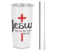 Jésus traverse le chemin, la vérité, la vie. Gobelet isotherme en acier inoxydable 590 ml (20 oz), double paroi sous vide, avec couvercle à paille, idéal pour les voyages et les cadeaux autour du caf
