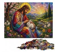 Jesus with Easter Bunny and Eggs Puzzle Adulte en Bois, Idée Cadeau | Cadeau de fête pour fan de puzzle avec activité pour une soirée calme seul ou à plusieurs.
