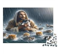 Jesus with Kittens 1000 Piece Educational Game: Jesus with Cats in Rain for Adults Teens Premium 100% Recycled Board 70x50cm/1000pcs