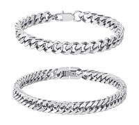 Jesustree Bracelets Chaîne Homme en Acier Inoxydable 2 Pièces Chaîne Cubaine Gourmette Bracelet Hip Hop Tendance Bracelets Cubains Homme Cadeau Parfait pour Papa Fils Frère Mari 21cm Argent
