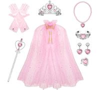 Jesustree Cape de Princesse Paillettes Déguisement Elsa Enfant de Princesse avec Couronne Baguette Magique Collier Boucles d'oreilles Anneau Gants pour Cosplay Noël Carnaval Fête d'anniversaire(rose)