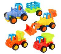 Jesustree Voiture Jouets, 4pcs Jouet à Friction Véhicules de Construction, Press and Go Voiture Éducation pour Garcon Fille Enfants de 1 2 3 Ans -Tracteur, Bulldozer, Mixeur de Camion et Camion