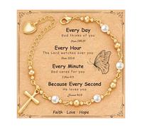 Jesvo Bracelet de perles avec croix chrétienne catholique pour première communion/confirmation/baptême/marraine, Godmother, Pas de pierre précieuse