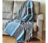 Jet de canap 3 places | Fouta XXL Arthur - Bleu - bleu jean fonc (avec bandes bleues)