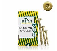 Jet-Fast Premium Vis universelles 3,5 x 30 mm, 500 pièces, tête fraisée Duo, pointe autoforeuse, filetage complet, TX, zingué jaune, vis à bois, vis pour panneaux d'aggloméré, pointe Cut