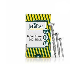 Jet-Fast Premium Vis universelles 4,5 x 30 mm, 500 pièces, tête fraisée Duo, filetage complet, entraînement TX, bleu galvanisé, vis à bois, vis pour panneaux d'aggloméré, pointe Cut