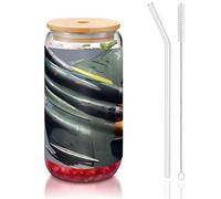 Jet Fighter Tasses en verre avec couvercles en bambou et pailles, tasse à café, tasses en forme de canette, verres, cocktails, transparent