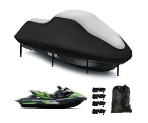 Jet Ski Remorquable 3 SièGe,Housse de Bateau à RevêTement Nano 420D, 2 AéRations, ImperméAble, Anti-PoussièRe, RéSistante Aux UV, Utilisation en ExtéRieur (291-318CM,Argent Noir)