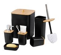 JETAINE Lot de 6 accessoires de salle de bain en bambou,Accessoires de salle de bain modernes,Accessoires de salle de bain noirs avec poubelle, porte-savon, distributeur de savon