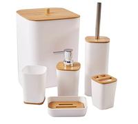 JETAINE Lot de 6 accessoires de salle de bain en bambou,Accessoires de salle de bain modernes,Accessoires de salle de bain blancs avec poubelle, porte-savon, distributeur de savon