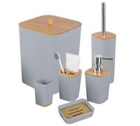 JETAINE Lot de 6 accessoires de salle de bain en bambou - Ensemble d'accessoires de salle de bain en plastique moderne de luxe - Ensemble d'accessoires de toilette - Poubelle - Porte-brosse à dents -