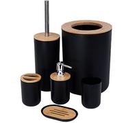 JETAINE Lot de 6 accessoires de salle de bain en bambou, poubelle et gobelet, brosse de toilette, ensemble d'accessoires de salle de bain avec poubelle, porte-savon, ensemble cadeau