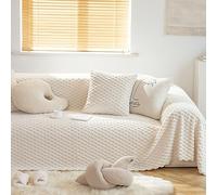 Jeté de canapé 4 places en peluche douce, résistante aux griffures et aux rayures - Motif nid d'abeille beige et blanc - 180 x 360 cm