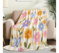 Jeté de canapé Convertible et réversible 200 x 220 cm - Couverture Plaid Polaire Douce Minimaliste à Carreaux Papillon Floral, Chaude et légère pour canapé lit et Toutes Les Saisons Couleur Claire