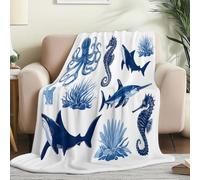 Jeté de canapé Convertible et réversible 200 x 220 cm - Couverture Plaid Polaire Douce Minimaliste Hippocampe Pieuvre, Chaude et légère pour canapé lit et Toutes Les Saisons Blanc