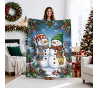 Jeté de lit avec citation de Noël Joyeux Bonhommes de neige 101,6 x 127 cm | Thème vacances d'hiver, couverture de canapé, accents de pomme de pin, design de lanterne confortable