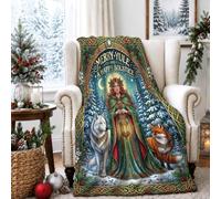 Jeté de lit avec citation Yule Solstice Goddess 101,6 x 152,4 cm | Thème de l'esprit de la forêt, couverture en flanelle, détails du cadre celtique, compagnons de loup et de renards