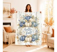 Jeté de lit citrouilles, feuilles rustiques d'automne et gland, bleu automne, couverture pelucheuse compacte, décorative et esthétique pour canapé, lit, bureau, salon, 101,6 x 127 cm