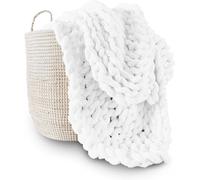 Jeté de lit en Grosse Maille tricotée à la Main, Blanc, 80 x 100 cm | Fil chenille Jumbo