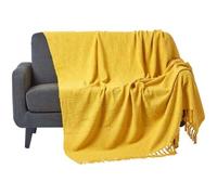 HOMESCAPES Nirvana Jeté de lit ou de canapé avec Frange Nouée à la Main de 150 x 200 cm 100% en Pur Coton Jaune Ocre