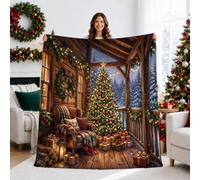 Jeté de lit rustique en forme de cabane avec arbre de Noël, 127 x 152,4 cm | Porche de cabine rustique, couverture en flanelle, guirlande lumineuse chaude, boîtes cadeaux enveloppées