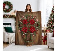 Jeté de lit rustique, religieux, motif croix de Noël, 101,6 x 127 cm | Texture bois rustique, couverture en flanelle, arrangement floral de poinsettia, sucre d'orge de vacances