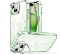 JETech Coque Béquille pour iPhone 15 Plus 6,7 Pouces Compatible avec MagSafe, Anneau de Support pour Appareil Photo Intégré, Housse Étui Antichoc, Dos Transparent Magnétique (Vert)