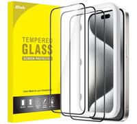 JETech Protection D'écran à Couverture Complète pour iPhone 15 Pro 6,1 Pouces, Bord Noir Integrale Film en Verre Trempé avec Outil d'Installation Facile, Compatible Coque, Transparent, Lot de 3