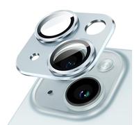 JETech Protection Objectif Caméra pour iPhone 15 6,1 Pouces et iPhone 15 Plus 6,7 Pouces, Couverture Complète en Verre Trempé 9H Anneau, Plaque de Métal Mat, Lot de 1 (Bleu)