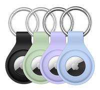 JETech Silicone Coque pour AirTag 2ème/1ère Génération (2026/2021) avec Porte-Clés, Étui Housse de Air Tag Portable Protection, Lot de 4 (Noir/Violet Clair/Bleu Ciel/Matcha Vert)