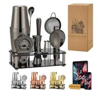 Jettory Ensemble Shaker Boston - Set 16 Pièces en Acier Inoxydable avec Base Acrylique, Passoire à Cocktail, Pince à Glace, Cuillère, Jigger, Pilon, Verseur & Picks Cocktail (Noir)